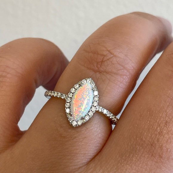 Opal Marquise Halo Opal Ring Sterling Silver CZ Ring - Picture 1 of 7